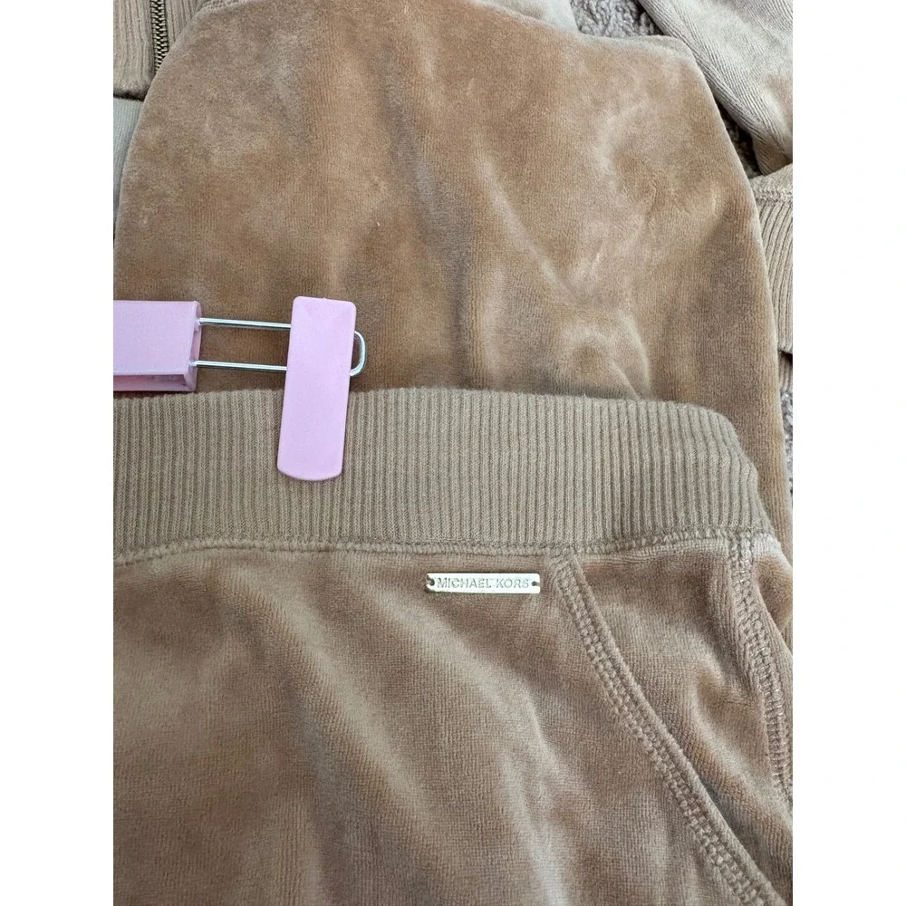Michael Kors Velour Tracksuit Set Tan Camel Faux Fur Collar Hoodie Joggers XL